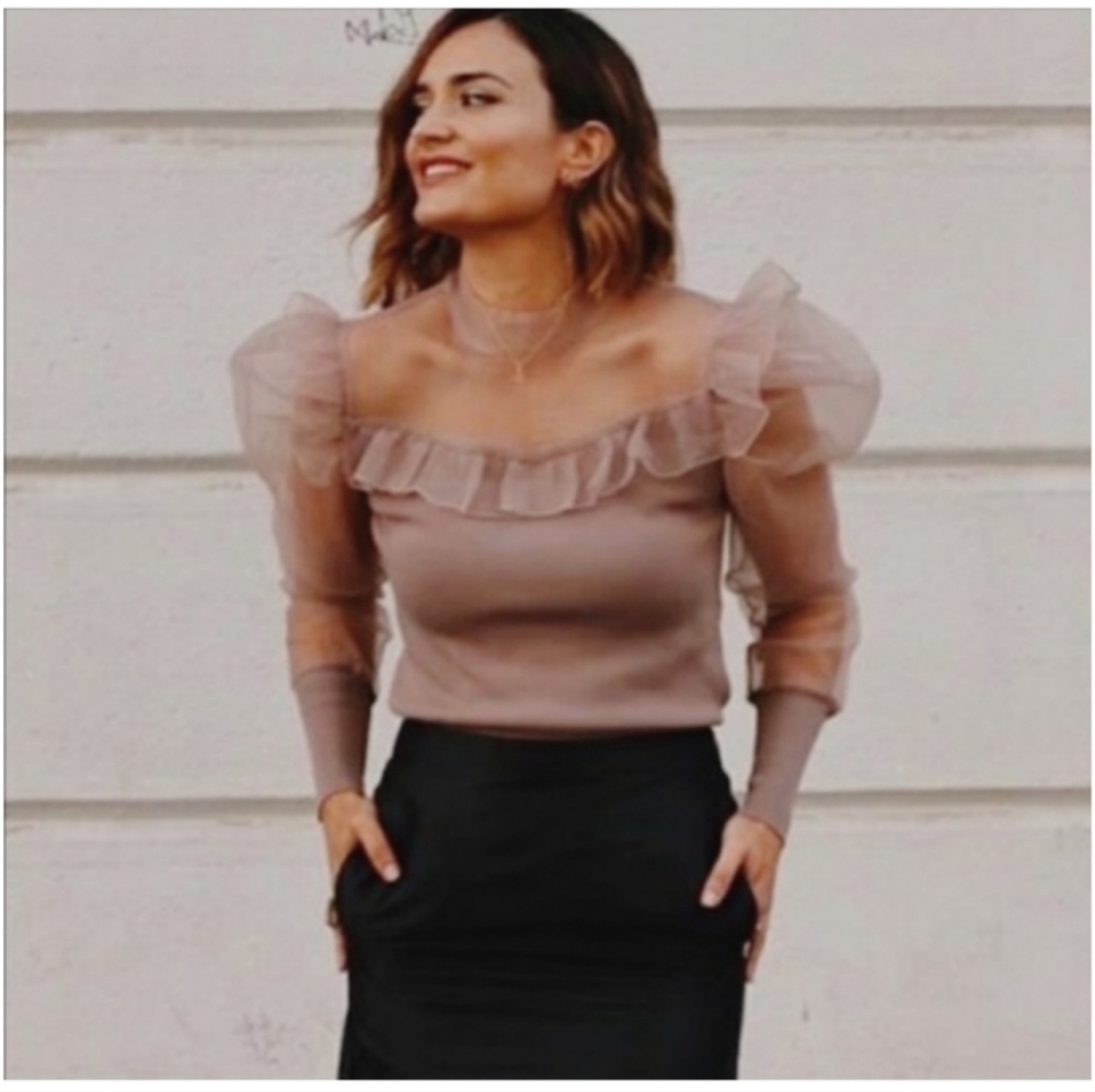 Zara Sheer Ruffle Blouse - Brown and Black